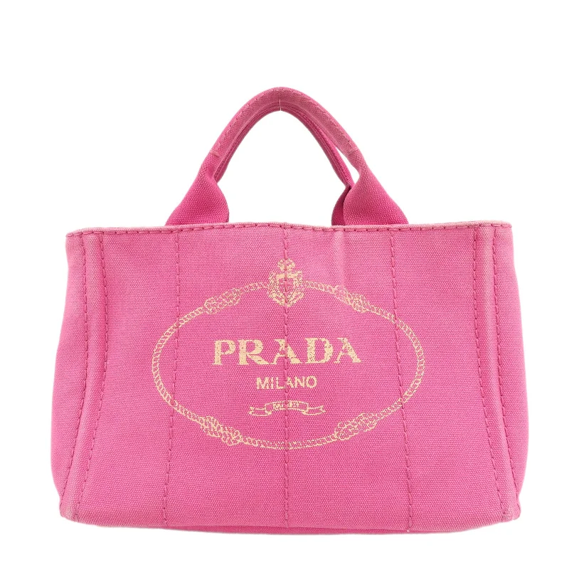 Prada handbags with a beaded trim for a touch of glamour and elegancePRADA Logo Canapa Mini Canvas Hand Bag Tote Bag Pink 1BG439