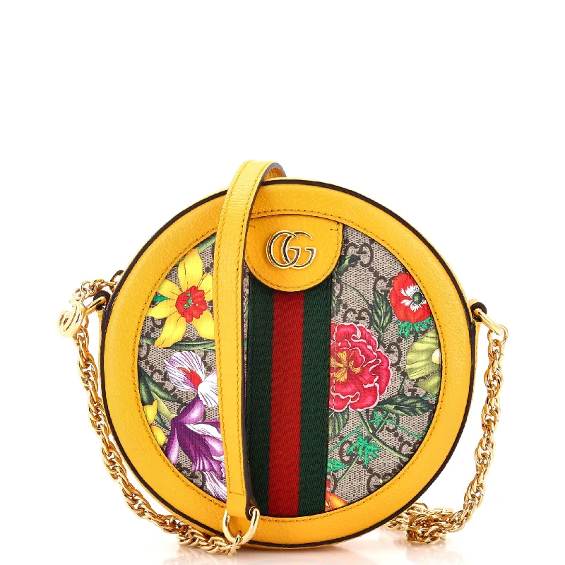 Women Gucci bags with a magnetic snap closure for easy accessOphidia Round Shoulder Bag Flora GG Coated Canvas Mini