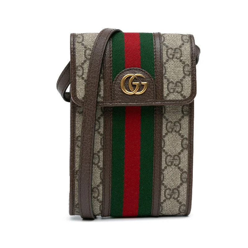 Ladies Gucci shoulder bags with a magnetic - closure flapBrown Gucci Mini GG Supreme Web Ophidia Crossbody Bag