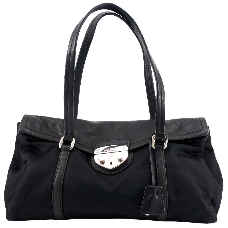 Ladies Prada shoulder bags with a wide - width strap for enhanced comfortEasy Foldover Nylon and Leather Bag