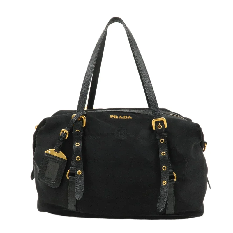 Ladies Prada handbags with a detachable wallet inside for added conveniencePRADA Logo Nylon Leather Tote Bag Shoulder Bag Black BL0600