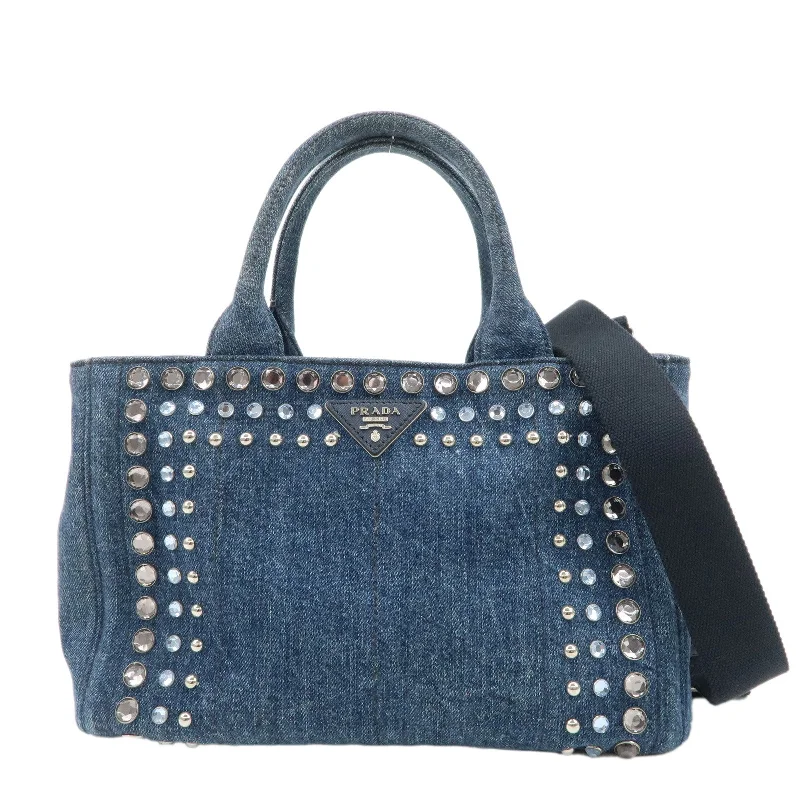 Prada bags with a front - zip pocket for small items like cards and keysPRADA Logo Canapa Mini Denim Bijou 2Way Tote Bag Denim Blue 1BG439