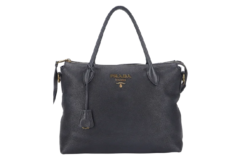 Ladies Prada Galleria bags with a textured leather surface for a more tactile lookPRADA VITELLO MEDIUM BLACK LEATHER 2WAYS BAG GOLD HARDWARE WITH STRAP