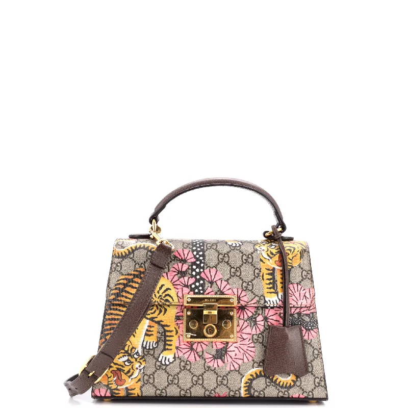 Women Gucci Sylvie bags featuring the signature web stripePadlock Top Handle Bag Bengal Print GG Coated Canvas Small