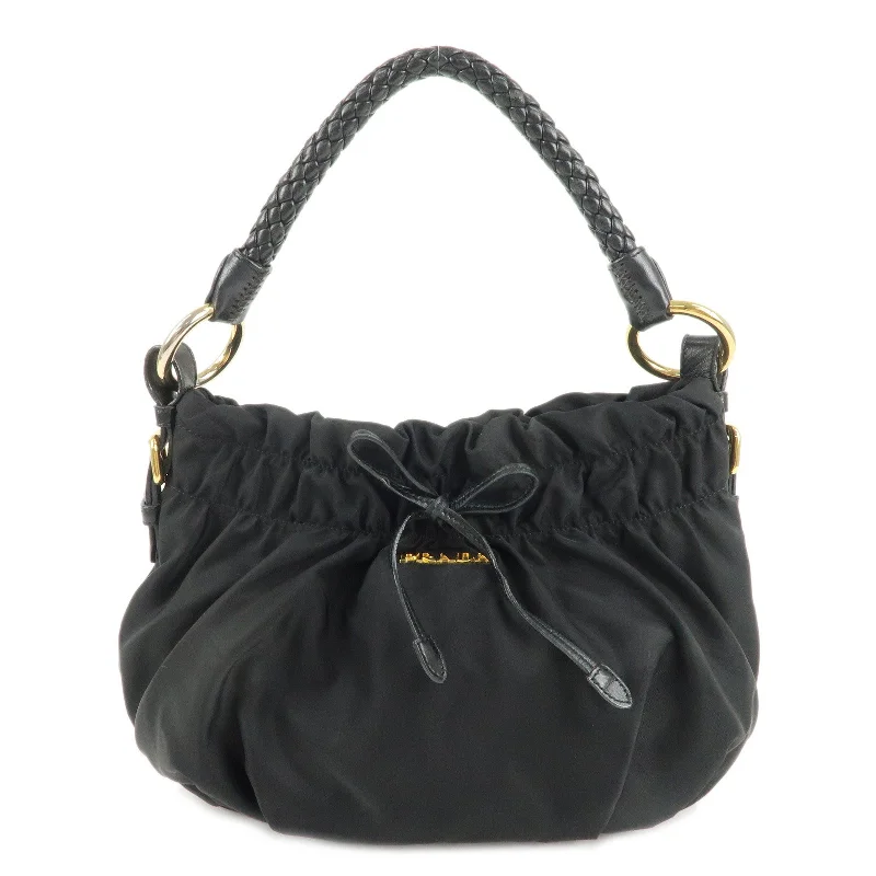 Prada bags with a detachable mirror inside for quick touch - upsPRADA Nylon Leather Gathered One Shoulder Bag Black Gold HDW