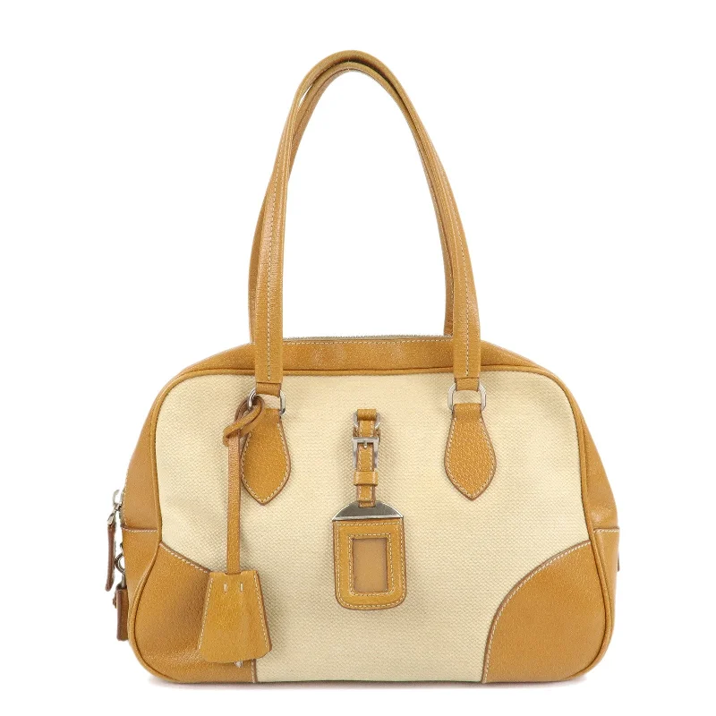 Small - sized Prada Saffiano leather bags for a compact and stylish carryPRADA Canvas Leather Triangle Logo Boston Bag Ivory Brown