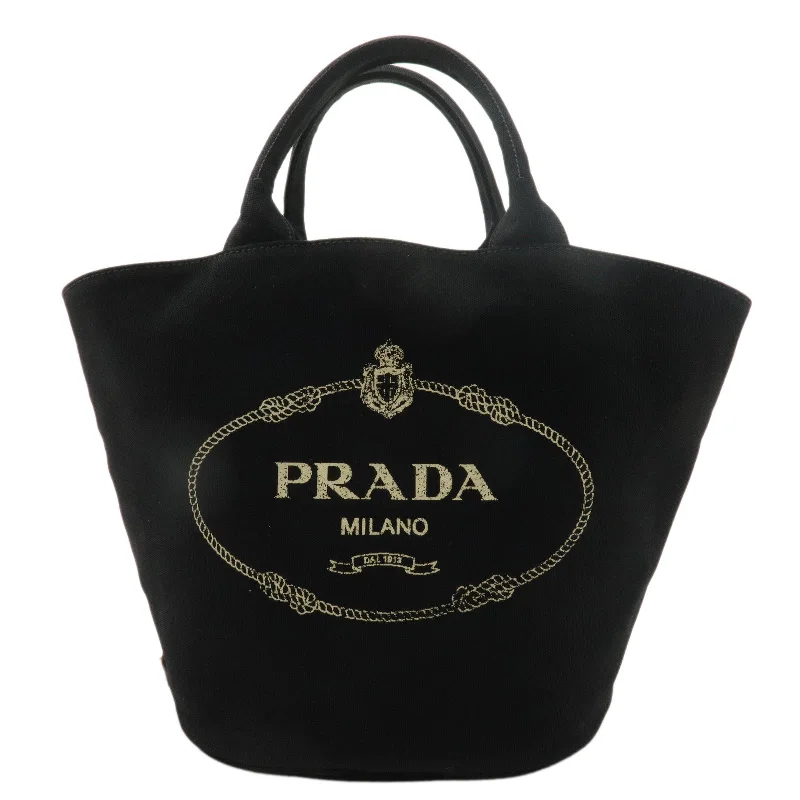 Prada Cahier bags with a leather - wrapped handle for a luxurious feelPRADA Canapa Canvas Tote Bag Hand Bag Black 1BG163