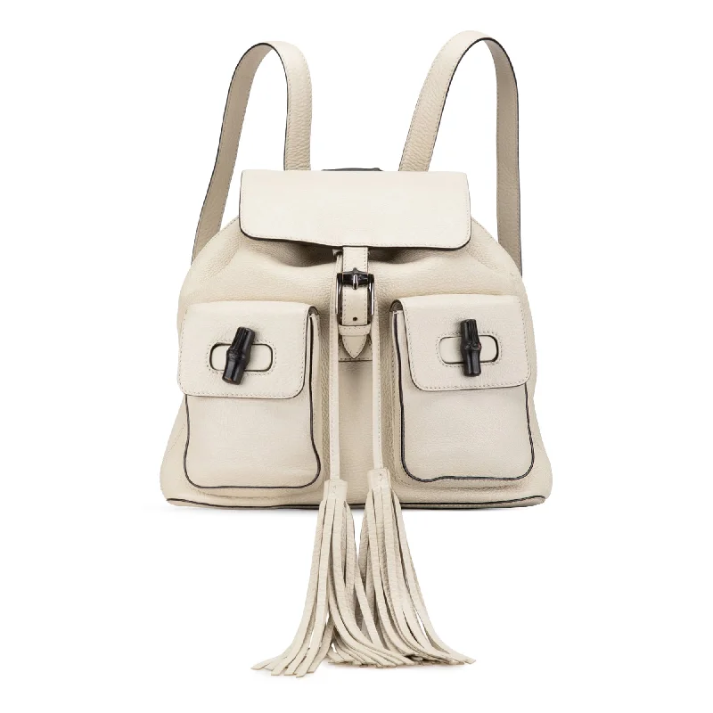 Women Gucci bags with a front - zip pocket for small itemsWhite Gucci Leather Bamboo Tassel Backpack