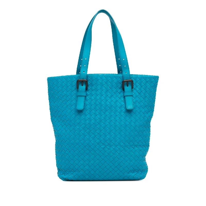 Bottega Veneta bags with contrast stitchingBlue Bottega Veneta Nappa Intrecciato Belted Tote