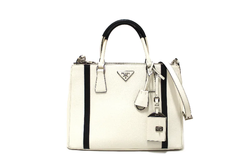 Prada Cleo bags with a detachable coin purse for added functionalityAuthentic Prada White and Black Bi-color Saffiano Galleria Large Tote Bag