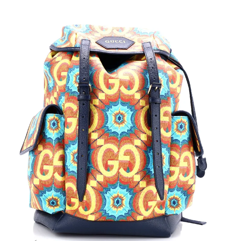 Women Gucci bags with a detachable mobile phone holderDouble Pocket Belt Backpack Kaleidoscope Print GG Coated Canvas Large