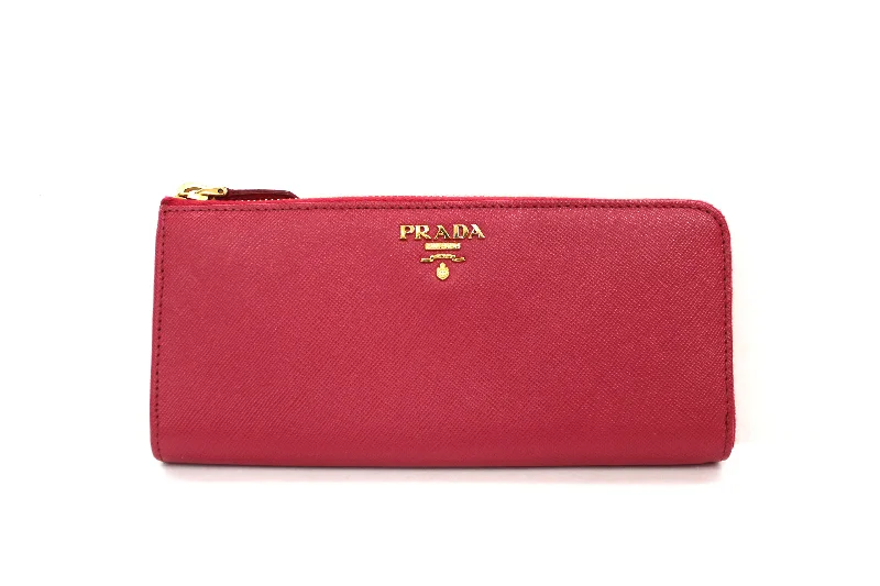 Prada Cahier bags featuring the signature triangular logo plaqueAuthentic Prada Pink Saffiano Leather Zipper Wallet