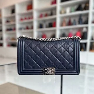 Chanel Classic Flap Bag for Evening PartyBoy New Medium 28cm Leboy Lambskin Dark Blue No 19