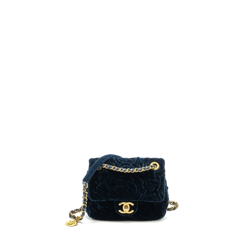 Chanel bags for women who appreciate fine craftsmanshipChanel Camellia Embossed Mini Square Flap Bag Velvet Navy GHW (microchip)