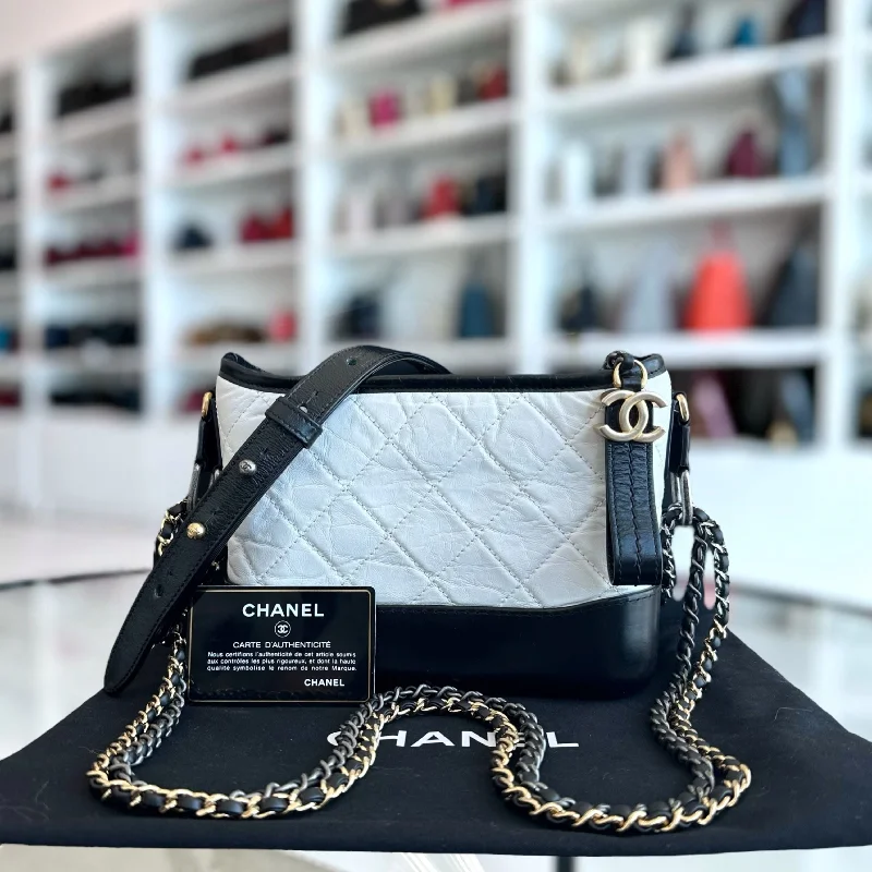 Chanel bags with intricate metal hardwareGabrielle Small Hobo Quilted Aged Calfskin White Black No 23