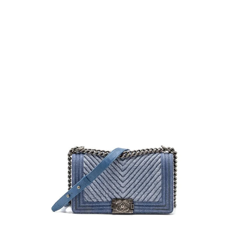 Chanel bags for women with minimalist styleChanel Medium Boy Bag Denim Blue Ruthenium Silver Hardware