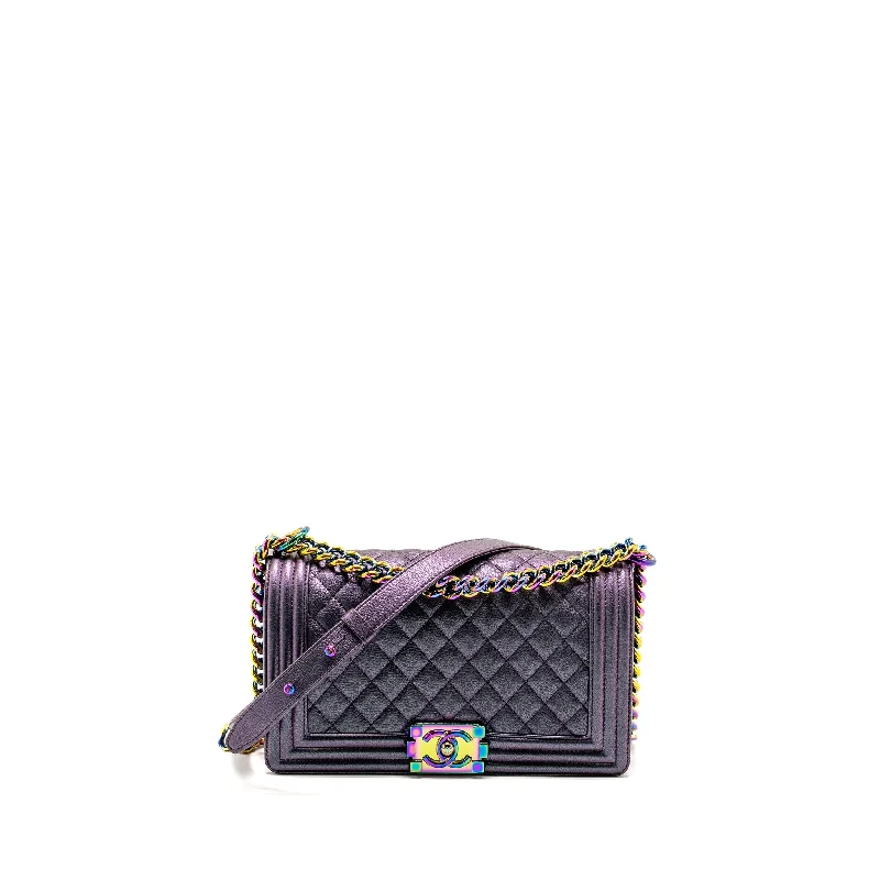 Chanel bags available at online luxury retaileChanel Medium Boy Bag Goatskin Iridescent Purple Multicolour Hardware