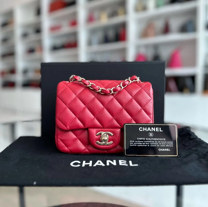 Chanel Small Crossbody Bag for TravelMini Square Classic Flap Lambskin Red GHW No 23