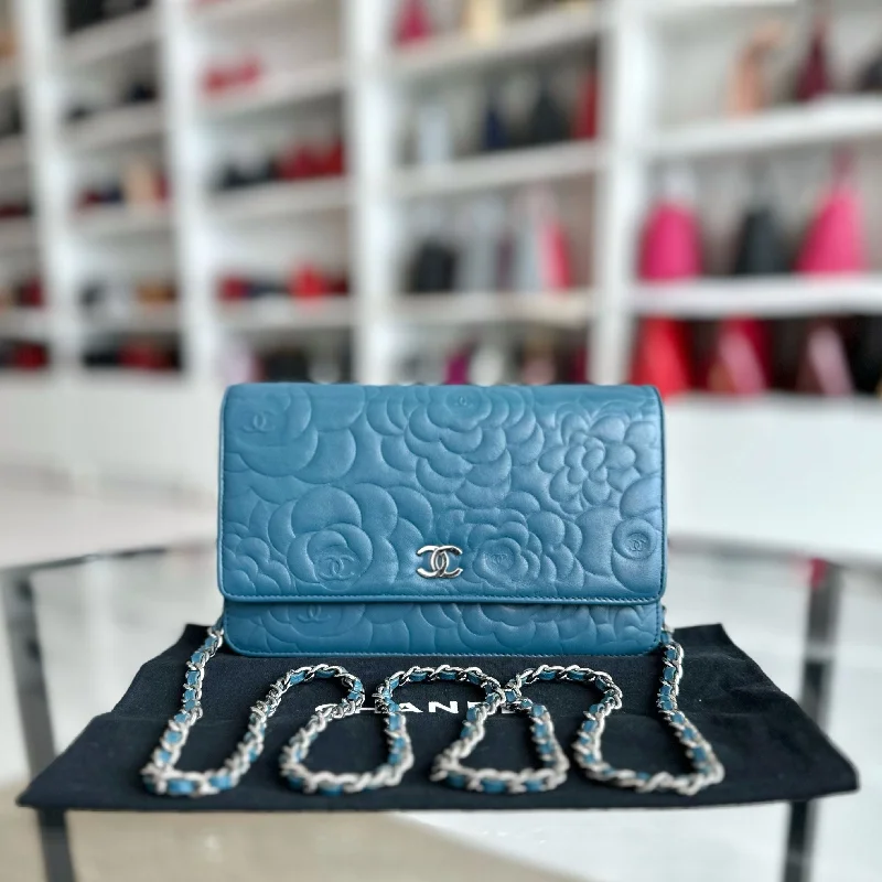 Chanel bags with gold, silver, and pearl accentsWOC Camellia Wallet On Chain Lambskin Blue SHW No 17