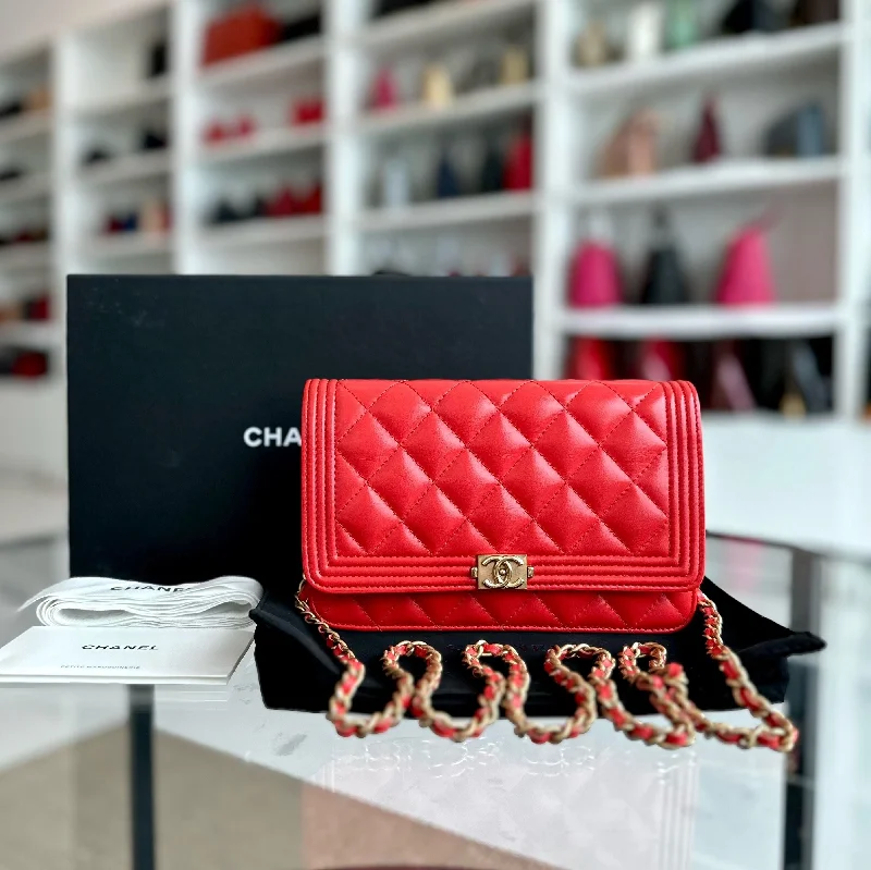 Chanel Designer Handbag with Unique DesignWOC Wallet On Chain Boy Lambskin Salmon Red GHW No 23