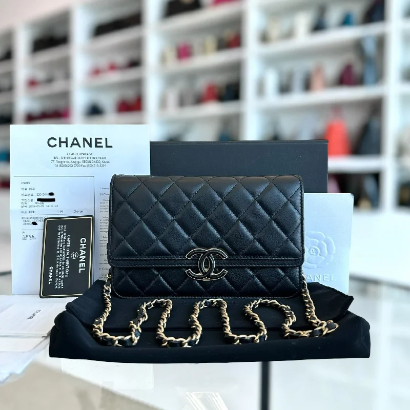 Chanel bags for women with minimalist style*Full Set, Receipt, 2019* WOC Wallet On Chain Quilted Lambskin Black GHW No 28