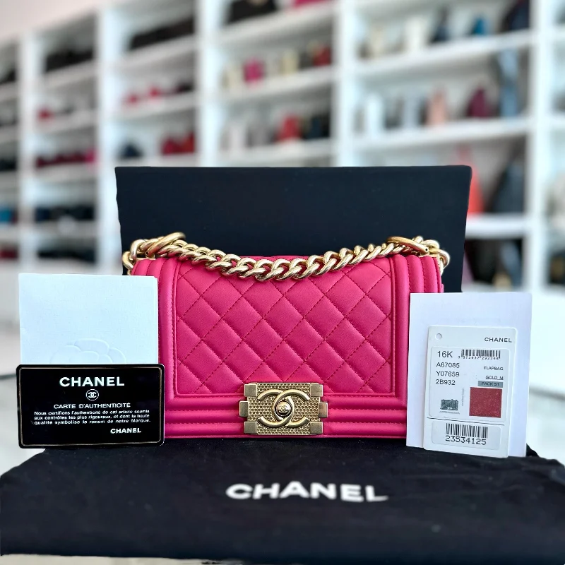 Chanel Designer Handbag with Unique Design*Full Set, Receipt* Small 20CM Quilted Lambskin Hot Pink Leboy GHW No 23