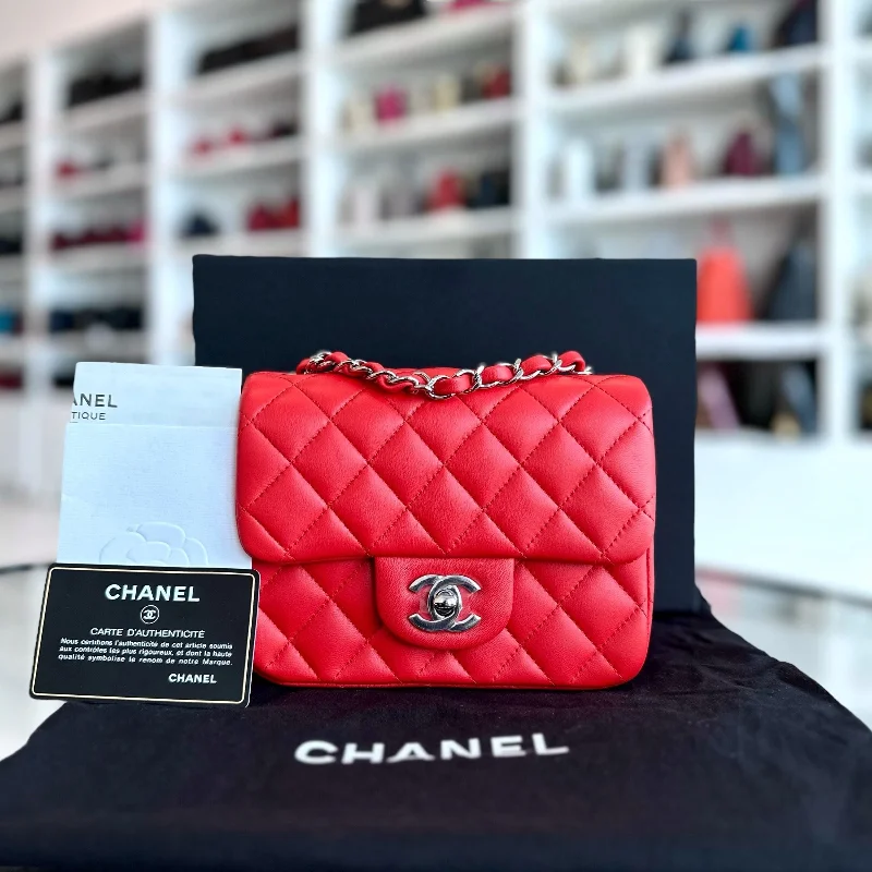 Chanel bags as wedding day accessories*Full Set, Receipt* Mini Square Quilted Lambskin Orange Red SHW No 27