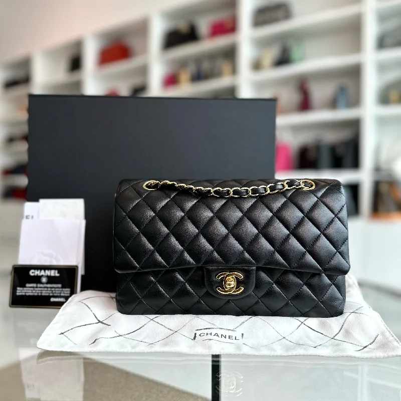 Chanel bags available in bold colors and patterns*Full Set, Receipt, No 28* Medium 25CM Lambskin Black GHW No 28