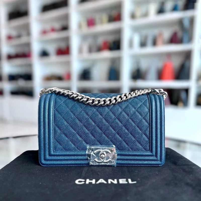 Chanel New Arrival Handbag with Gold Hardware*Like New, Series 28* Caviar Boy Old Medium 25CM Quilted Calfskin Dark Blue No 28