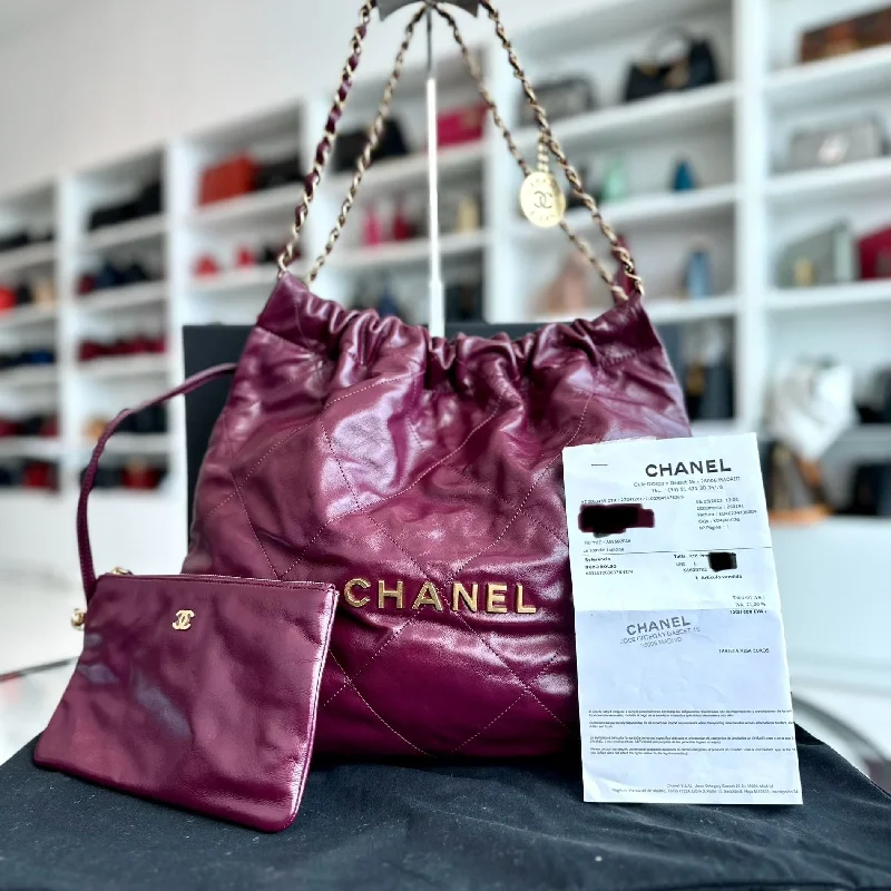 Chanel bags with intricate metal hardware*Microchip, Receipt Full Set* 22 Calfskin Medium Violet With Pouch 22Bag RFID Microchip