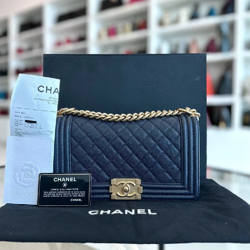 Chanel Black Handbag for Business Meetings*Receipt, Full Set, Like New, 2019* Chanel Boy Caviar Old Medium 25CM Quilted Leboy Dark Blue GHW No 27