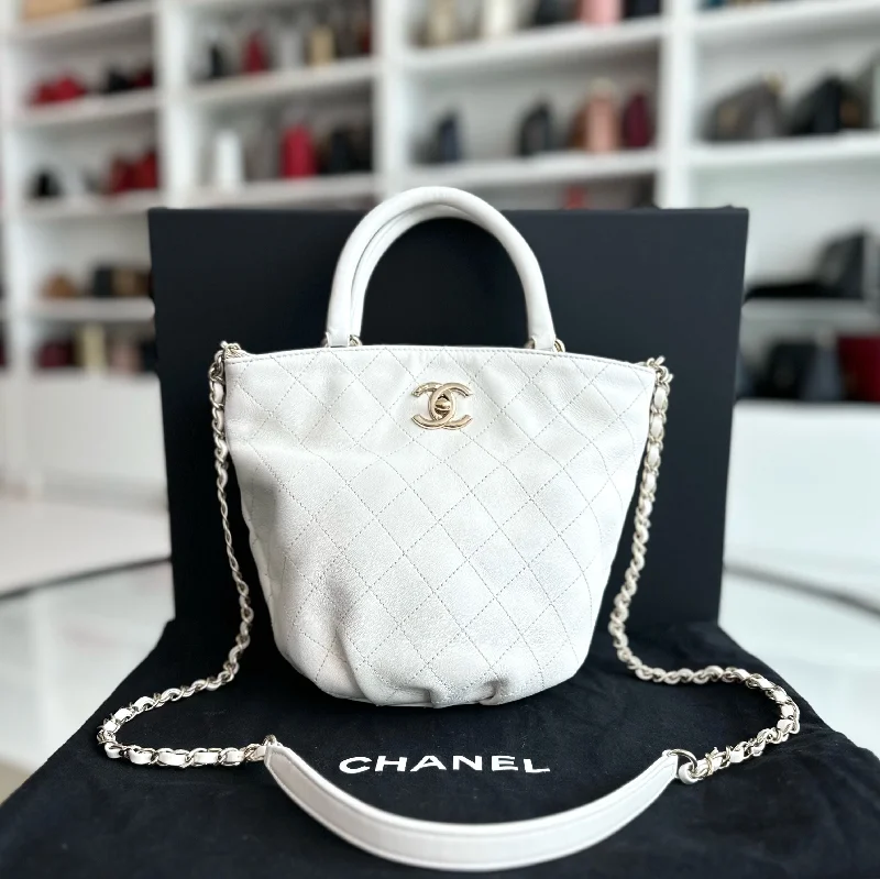 Chanel Luxury Handbag for High - End Events*Series 28* Chanel CC Lock Bucket Tote Stitched Calfskin 2way White GHW No 28