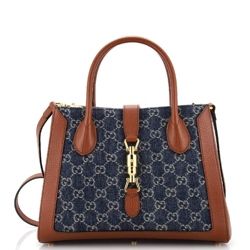 Women Gucci crossbody bags with a printed floral patternJackie 1961 Tote GG Denim and Leather Medium