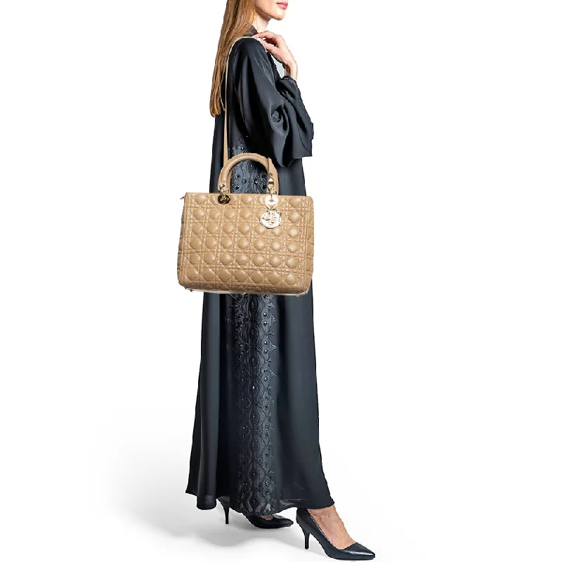 Contemporary Christian Dior handbags with a unique shapeDIOR Beige Cannage Leather Large Lady  Tote