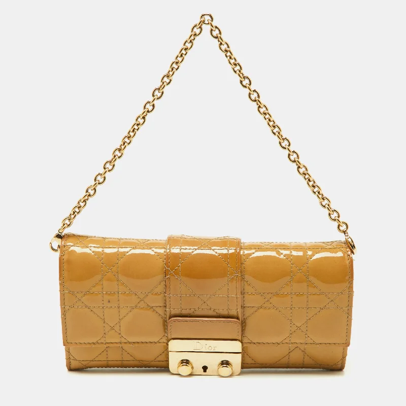 Christian Dior handbags with a back - pocket for quick storageDIOR Beige Cannage Patent Leather New Lock Wallet on Chain