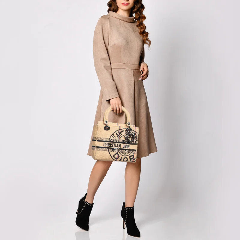 High - fashion Christian Dior bags with a geometric patternDIOR Beige Jute Union Embroidered Medium Lady D-Lite Tote