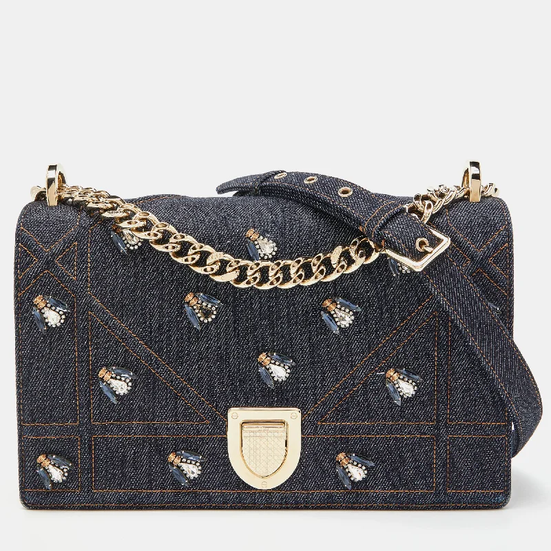 Christian Dior bags with a detachable coin purse insideDIOR Blue Denim Medium Crystal Embellished ama Shoulder Bag