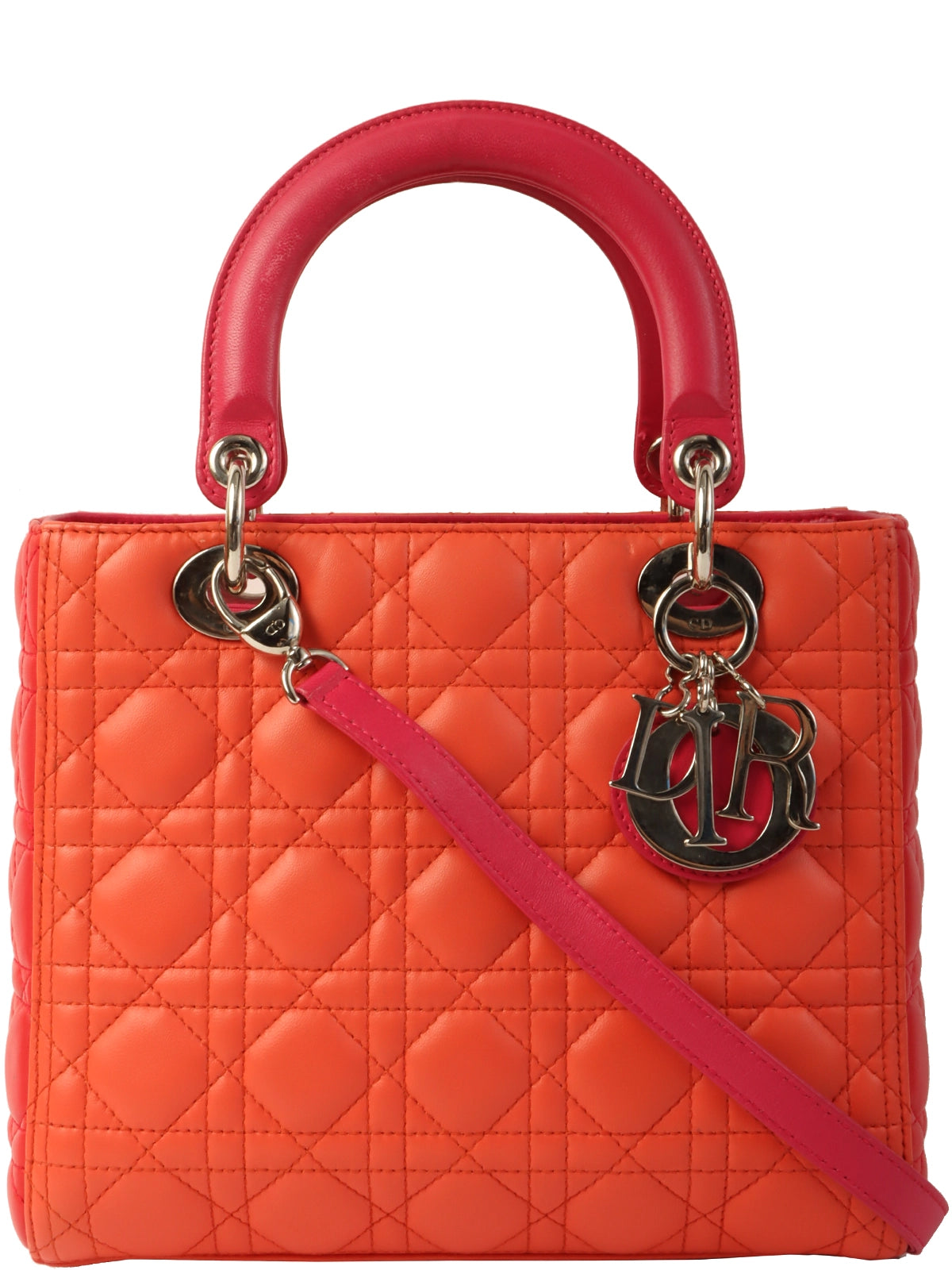 Christian Dior handbags with a detachable mirror for on - the - go touch - upsDIOR Cannage Stitch Lady  2Way Bag Orange/Pink