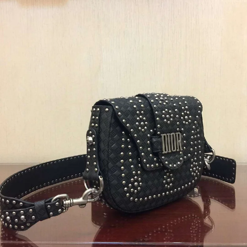 Christian Dior crossbody bags with a front - flap pocket for easy accessDior D-Fence Saddle Bag In Black Studded Calfskin