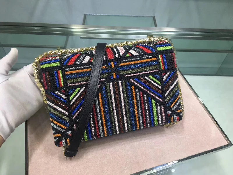 Christian Dior handbags with a snap - button closure and a decorative buckleDior Diorama Canvas Bag Embroidered With Multi-coloured Stripes