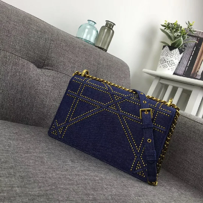 Luxury Christian Dior crossbody bags with a chain - link strapChristian Diorama Flap Bag In Denim And Studded