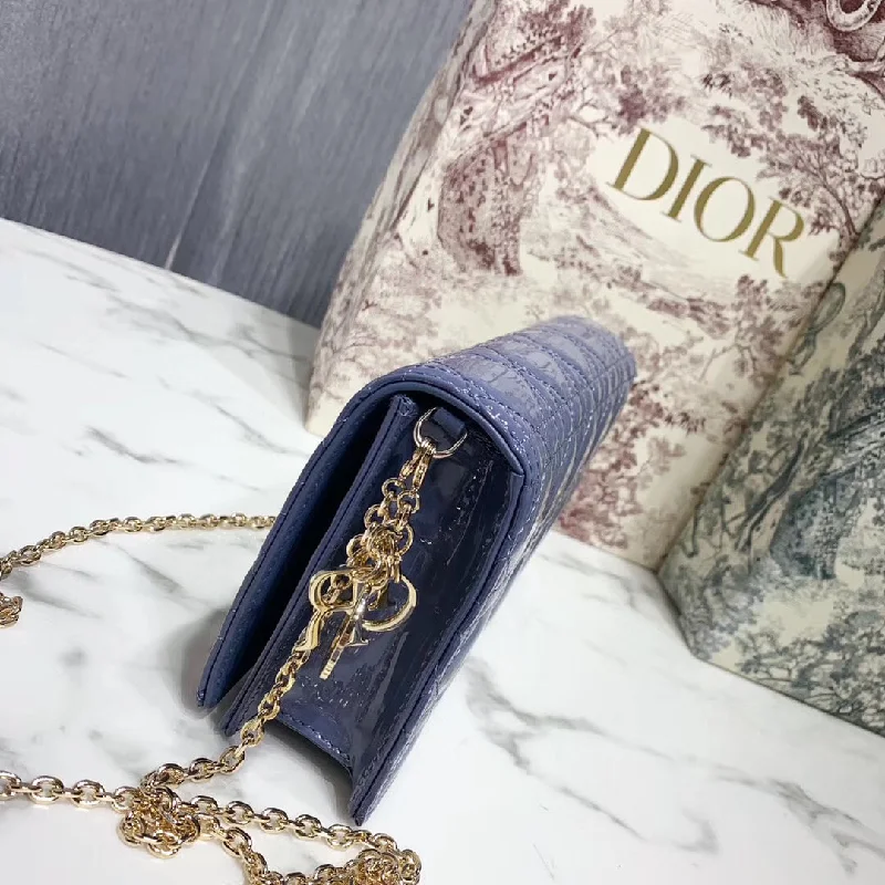 Christian Dior tote bags with a printed Dior logo on the frontDior Lady Dior Clutch With Chain In Denim Blue Patent