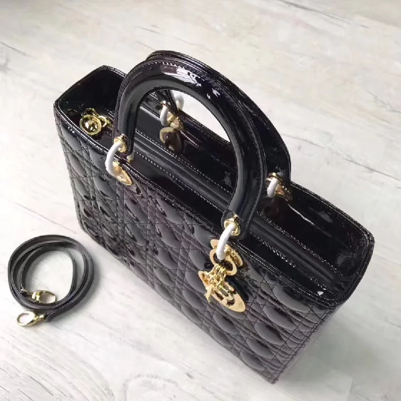 Christian Dior handbags with a snap - button closure and a decorative buckleDior Large Lady Dior Bag In Black Patent Leather