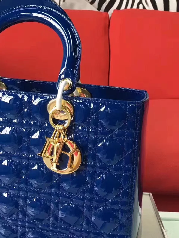 Christian Dior bags with a quilted pattern and gold - toned hardwareDior Large Lady Dior Bag In Blue Patent Leather