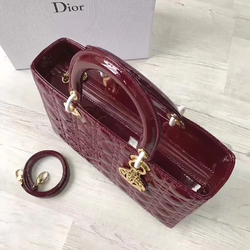 Christian Dior handbags with a back - pocket for quick storageDior Large Lady Dior Bag In Bordeaux Patent Leather