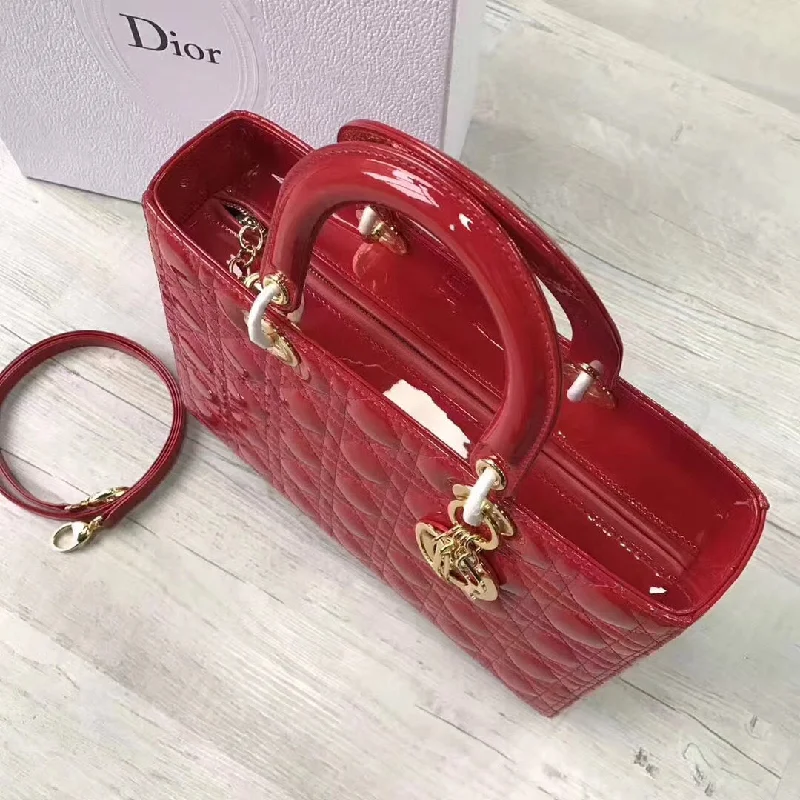 Christian Dior tote bags with a printed Dior logo on the frontDior Large Lady Dior Bag In Red Patent Leather