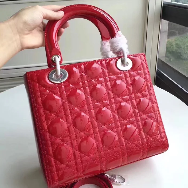 Christian Dior handbags with a snap - button closure and a decorative buckleDior Medium Lady Dior Bag In Red Patent Leather