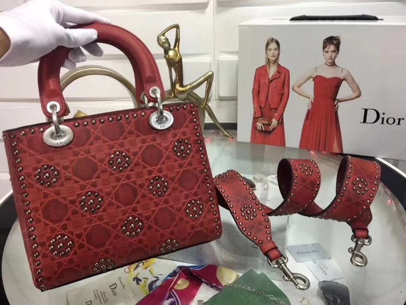 Christian Dior handbags with a removable shoulder strap for versatilityDior Medium Lady Dior Bag In Red Studded Calfskin