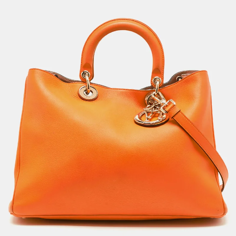 Christian Dior handbags with a detachable mirror for on - the - go touch - upsDIOR Orange Leather Large issimo Shopper Tote