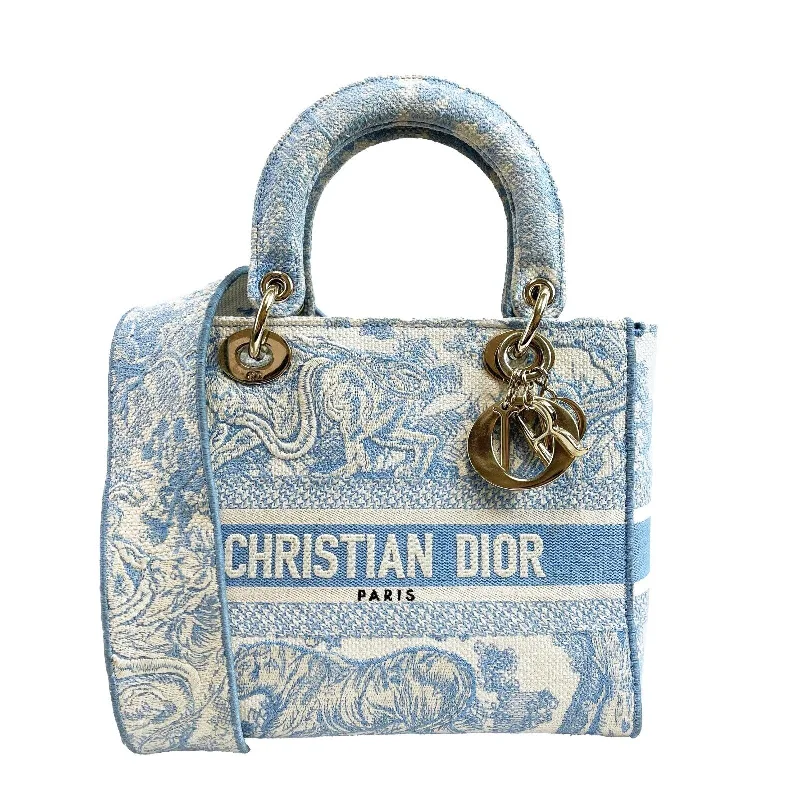 Christian Dior bags with a quilted pattern and gold - toned hardwareDIOR Toile de Jouy Lady D-Lite Bag Embroidered Canvas Cornflower Blue